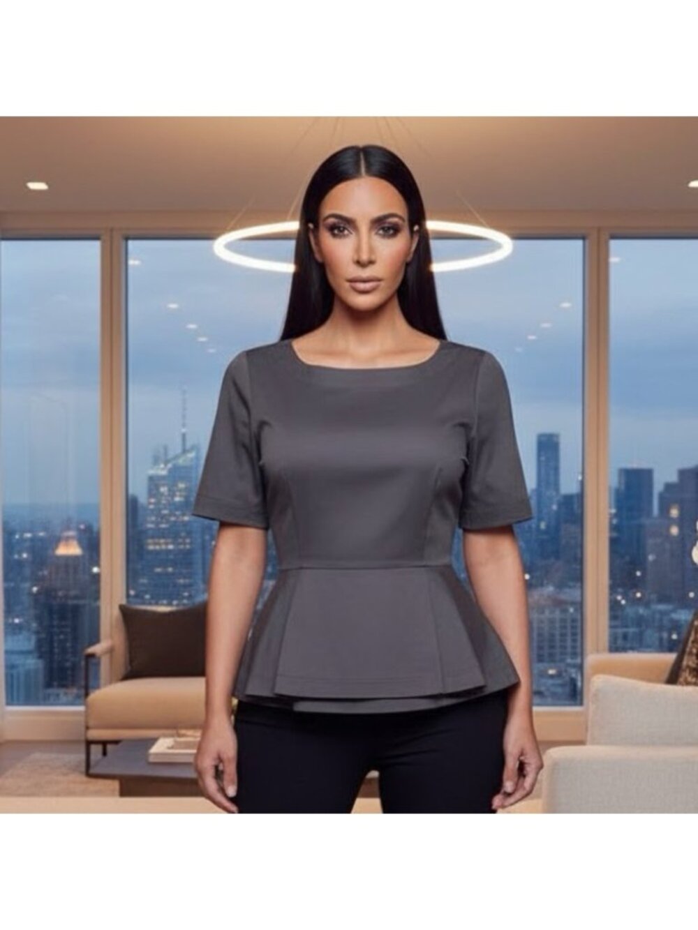 LAFAYETTE 148 New York Women's cotton Gray Peplum short sleeve Top 14